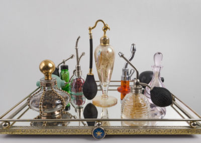 Eau de Bee, 2014  Altered perfume and medical bottles, vintage mirrored tray, medical instruments, natural materials including urchin oak galls, preserved bees, quail wishbones, cat claws, plant seeds, cicada wings, shed snake skin heads, bones, insect jewelry, mixed media, 8 x 13.5 x 9.5 in.
