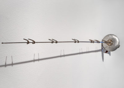 99 Birds, 2015, Fencing sword, taxidermied found English house sparrow feet, metal patinas, acrylic paint, sealants, mixed media, 5 x 42 x 4 in.
