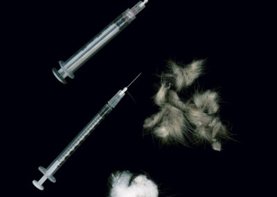 Syringes used in euthanasia procedure (These are the needles that were used to euthanize my cat Sebastian on 2/27/2017. Sebastian suffered from multiple health issues for many years, and finally when he had lost so much weight and stopped eating, I decided to have him euthanized. He was 17.), 2017 Archival digital pigment print from scan, 20 x 26.67 in.
